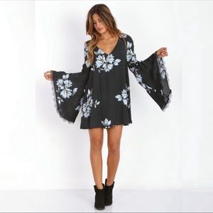 Free People Wanderder mini dress charcoal combo boho bell sleeves XS